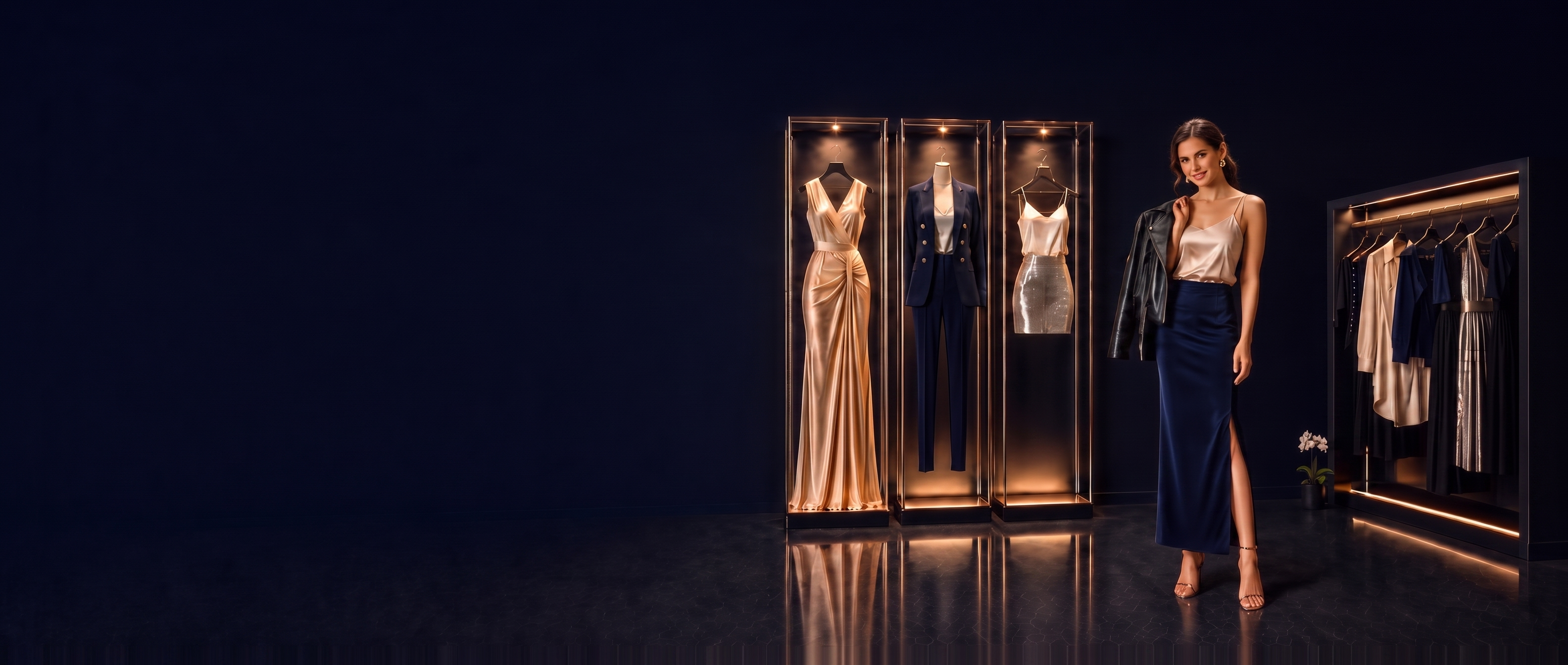 A virtual try-on experience showing a model alongside clothing choices