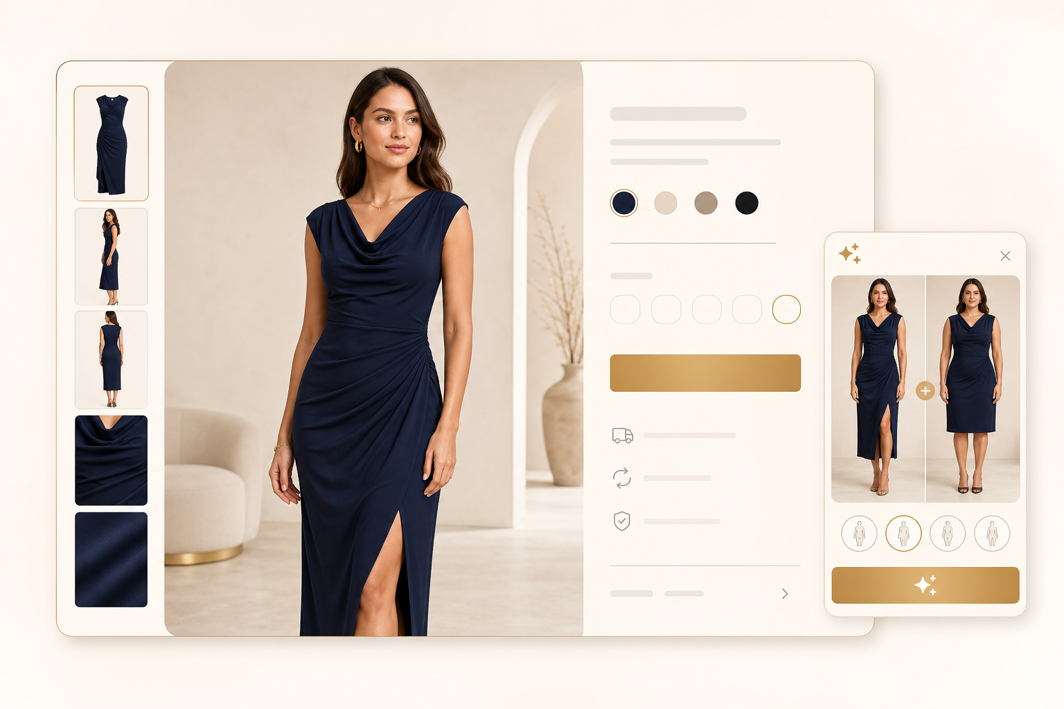 A fashion product page with a virtual try-on preview